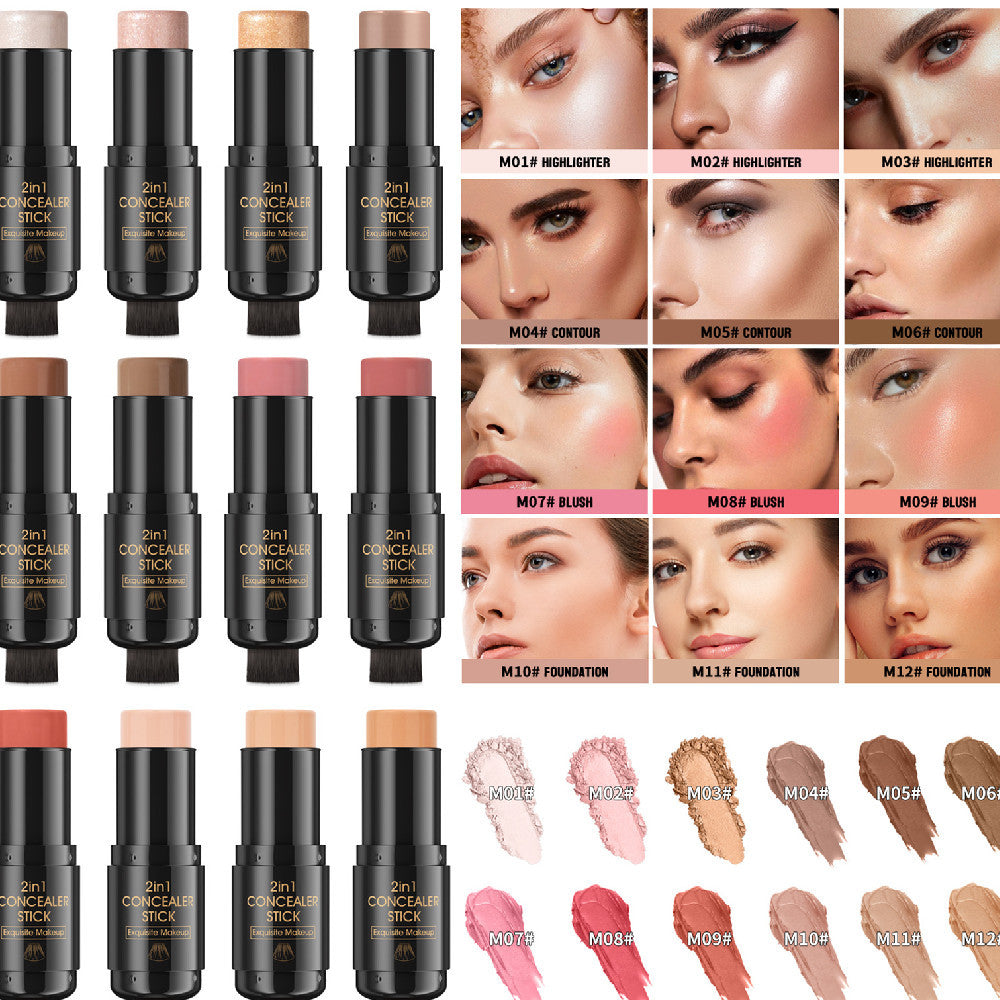 Stick Contour Double-Face Blush Highlighter avec Pinceau | Maquillage Professionnel